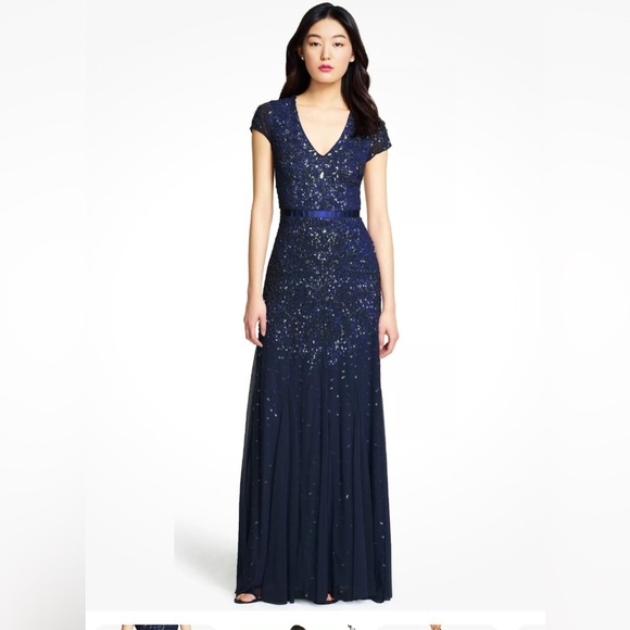 ADRIANNA PAPELL Gown Maxi Dress Sequin Midnight Blue Embellished Cap Sleeve $229 - Picture 2 of 11